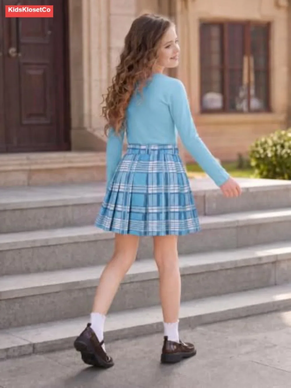 Girls Uniform Skirt Set Long Sleeve Slim Fit Shirt Pleated Skirt - Plaid